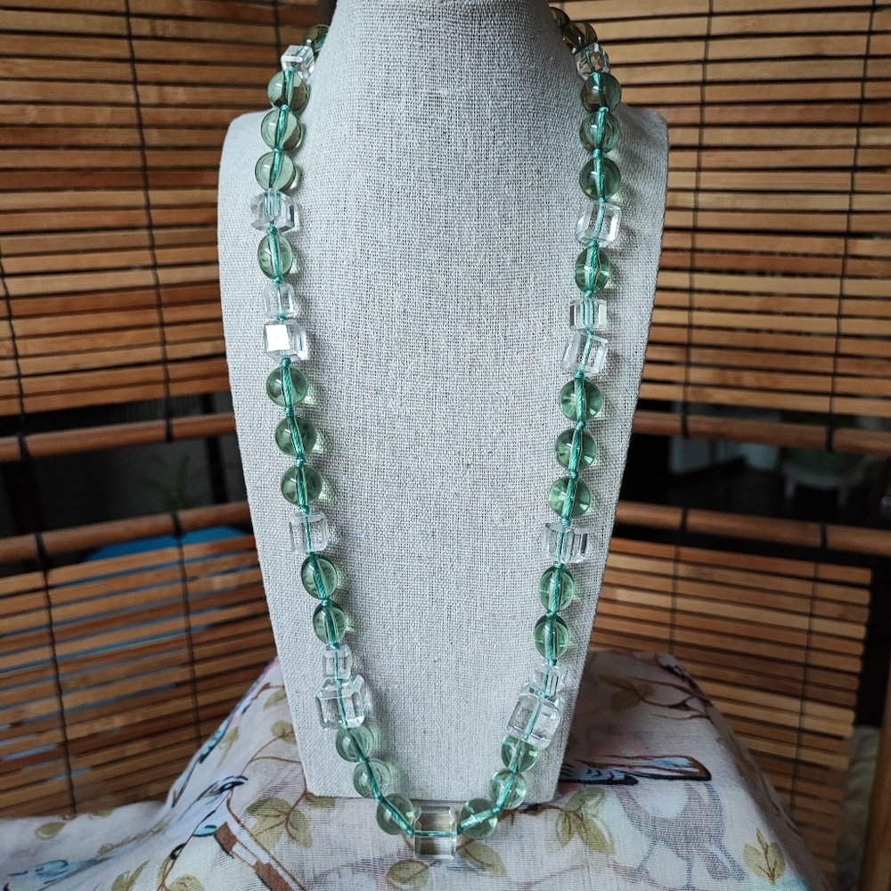 Glass Clear Green Ice Cube Square and Oval  Acrylic Long Bead Necklace Tal…